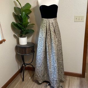 Aidan Mattox Black Velvet Bodice Gold Metallic Jacquard Skirt Prom Gown
